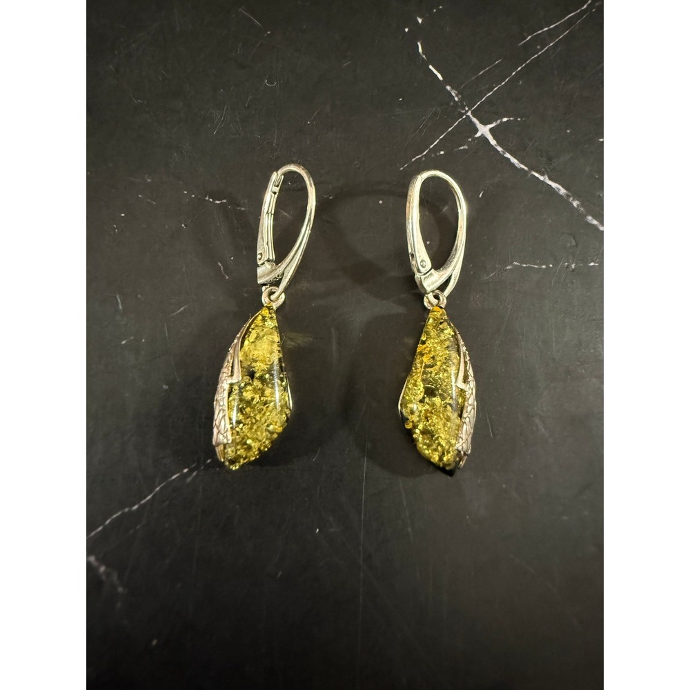 Vintage Sterling Silver and Baltic Green Amber Drop Earrings